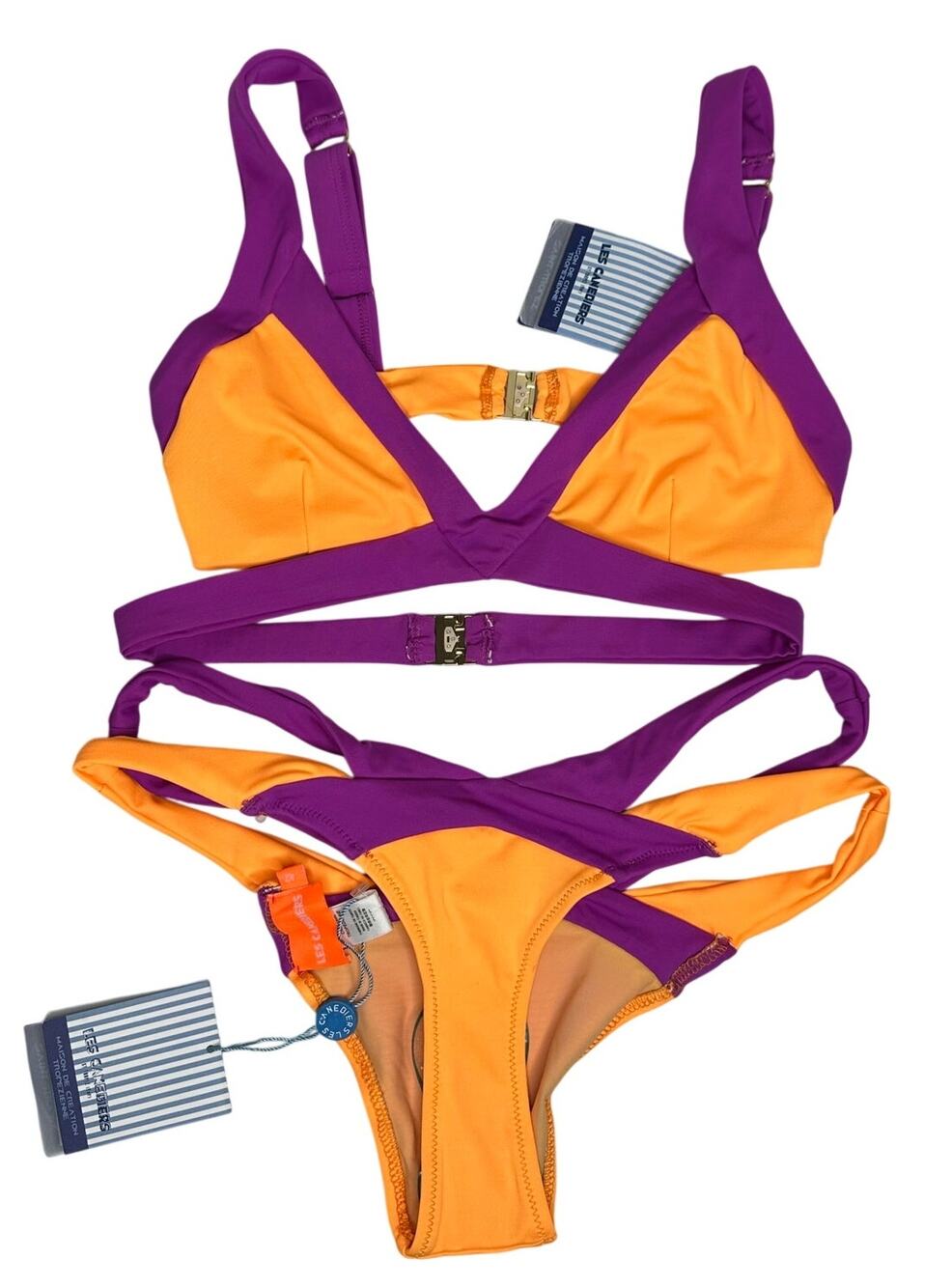 Les Canebiers NWT Palmier Bikini Set L 42 Orange Purple St Tropez Strappy Swim